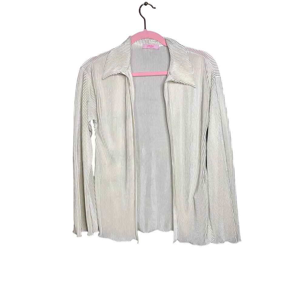 VTG Itzy Open Cardigan Shimmery Silver Ribbed Y2K Coquette Layering Top Womens
